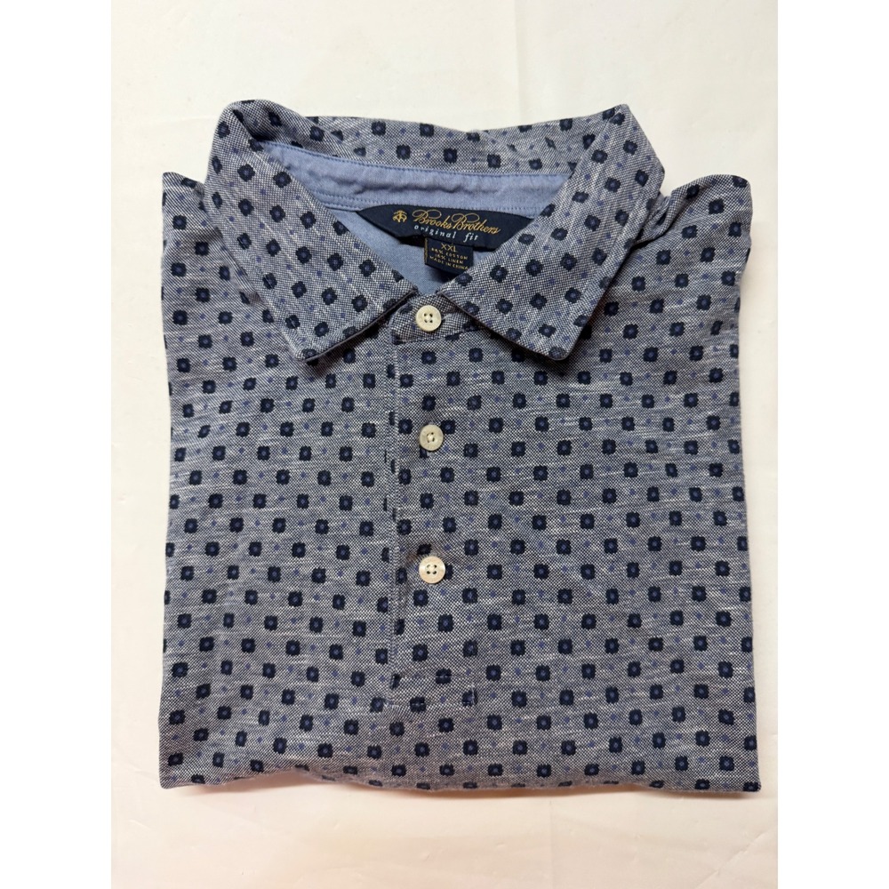 Brooks Brothers Mens XXL Polo Shirt Blue Linen‎ Cotton Original Fit Geometric